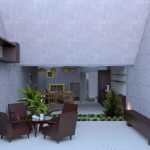 A modern minimalist indoor patio featuring stylish furniture and greenery.